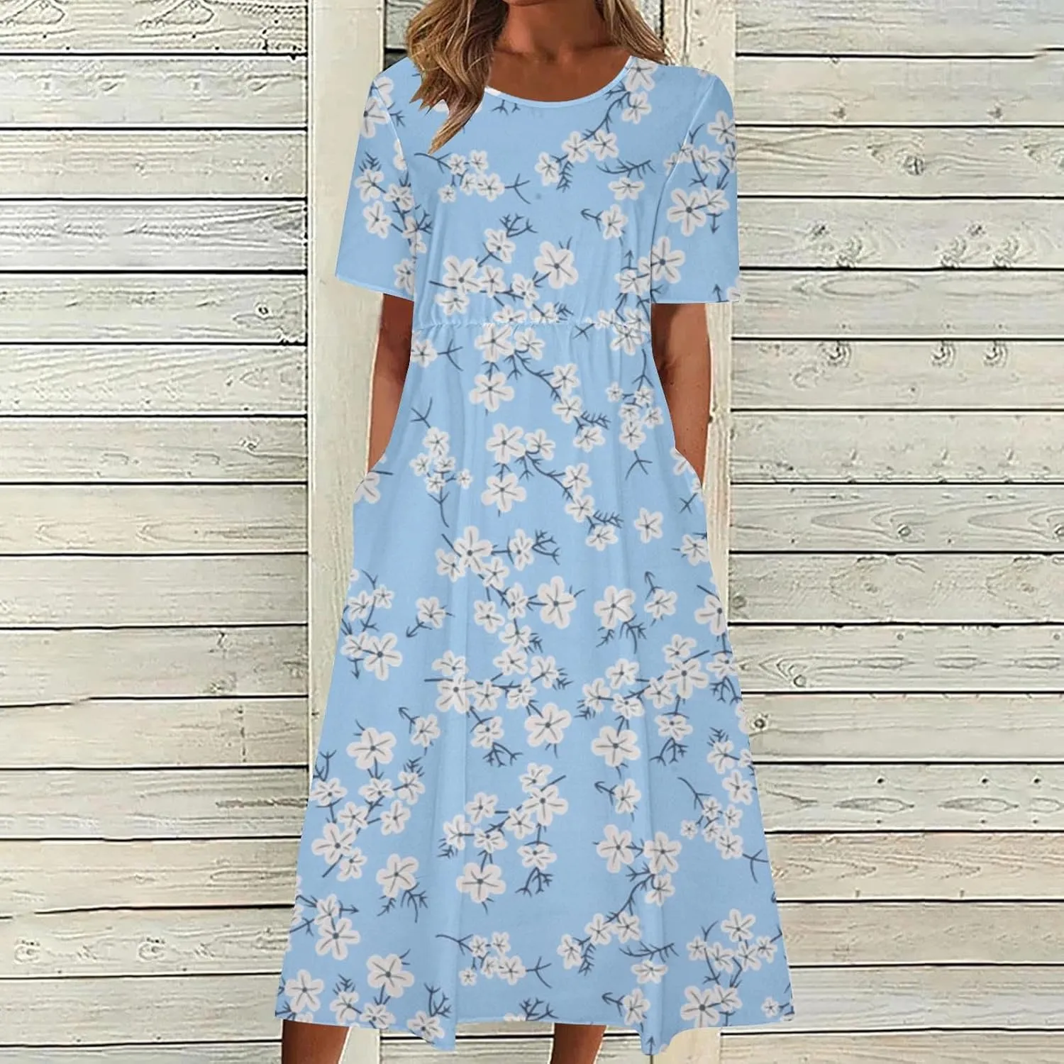 Summer Dresses for Women Short Sleeve A-Line Midi Dress Casual Floral T-Shirt Dress Flowy Beach Sundress with Pockets