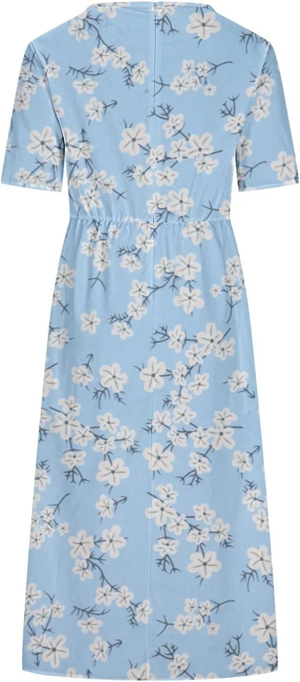 Summer Dresses for Women Short Sleeve A-Line Midi Dress Casual Floral T-Shirt Dress Flowy Beach Sundress with Pockets