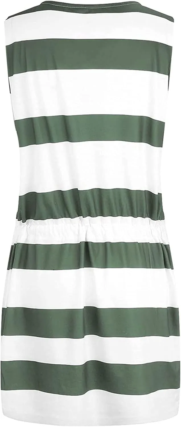 Tank Top Dresses for Women Summer V Neck Sleeveless Drawstring Mini Sundress with Pocket Cute Beach Skort Dress