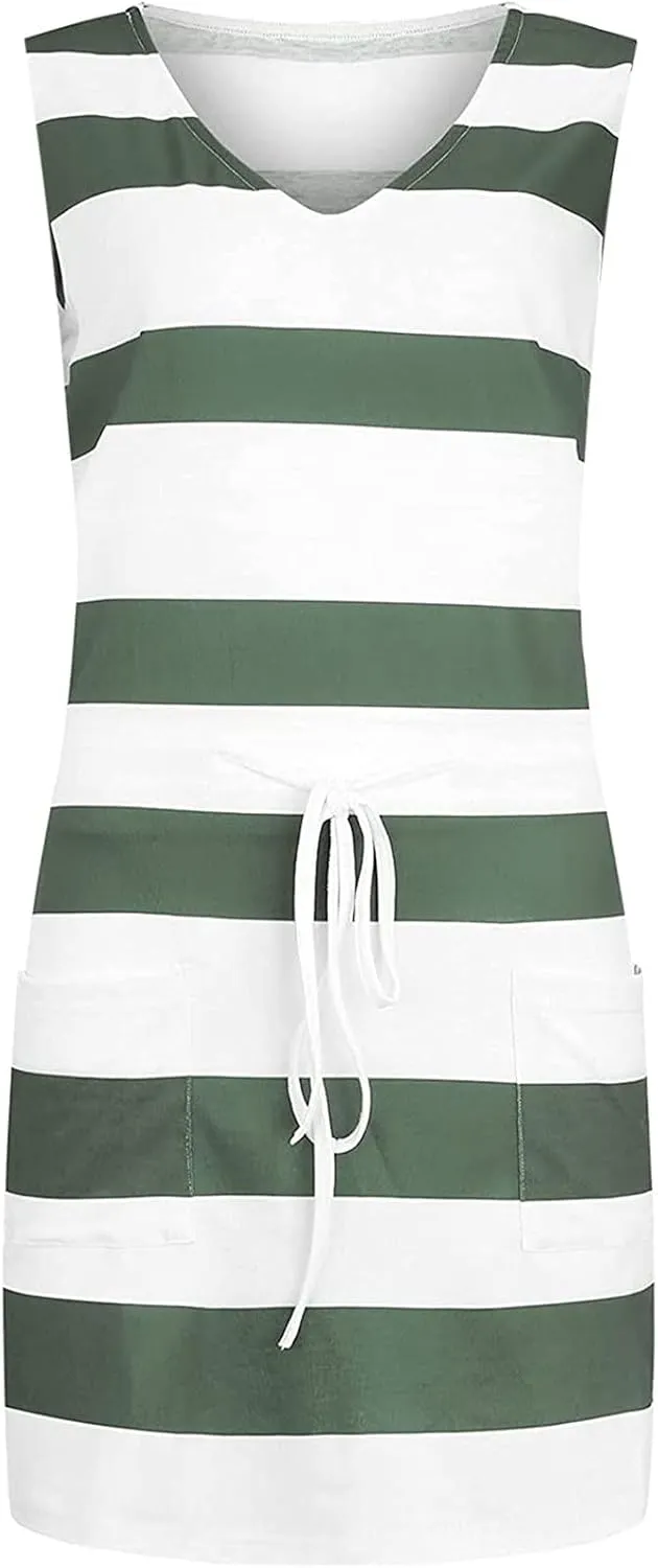 Tank Top Dresses for Women Summer V Neck Sleeveless Drawstring Mini Sundress with Pocket Cute Beach Skort Dress