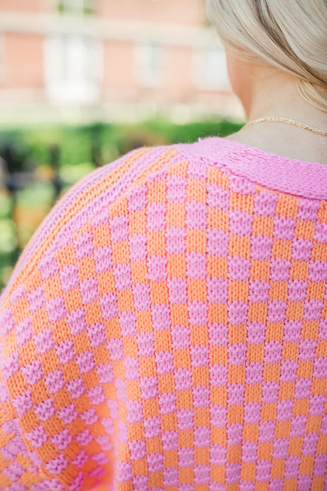 Time To Waste Pink And Orange Checkered And Striped Cardigan