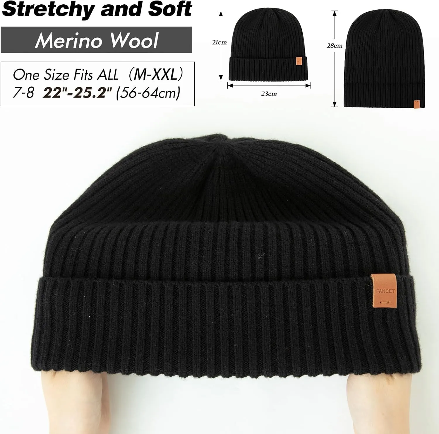 TOP-EX Oversized M L XL XXL 100% Merino Wool Beanie with Fleece Lining Cold Weather Winter Hat Big Head