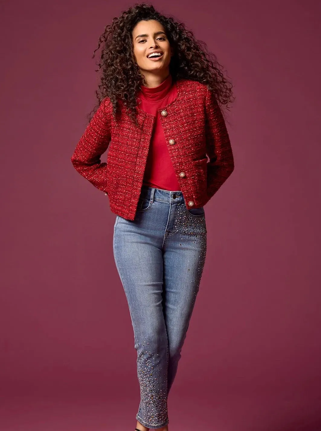 Tweed Jacket With Fancy Button [Earth Red-5322O]