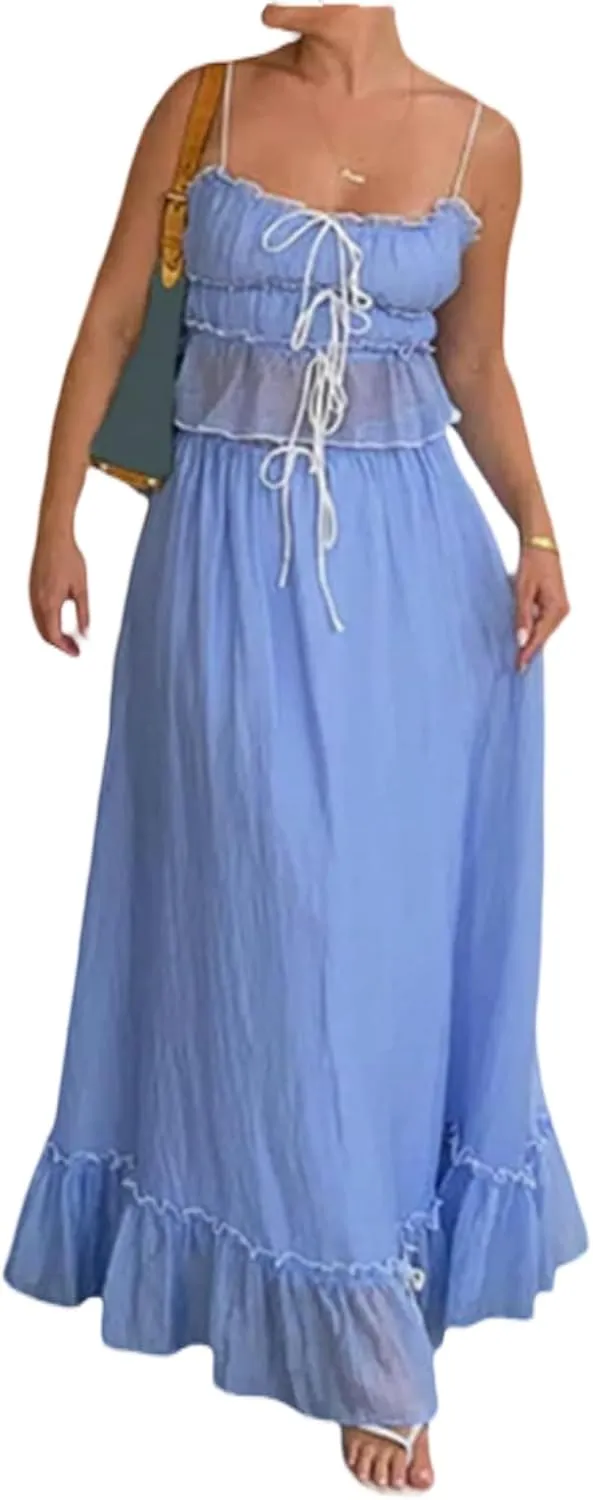 UAURORAO Women 2 Piece Ruffle Maxi Skirt Set Sleeveless Tie Up Smocked Crop Tank Top Tiered Flowy Long Skirt Y2k Outfits