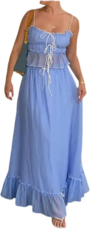 UAURORAO Women 2 Piece Ruffle Maxi Skirt Set Sleeveless Tie Up Smocked Crop Tank Top Tiered Flowy Long Skirt Y2k Outfits