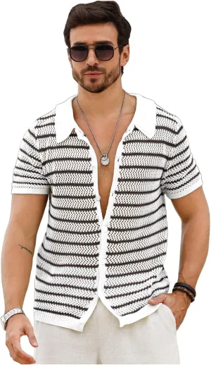 Verdusa Men's Hollow Out Knit Button Down Short Short Sleeve Striped Crochet Cardigan