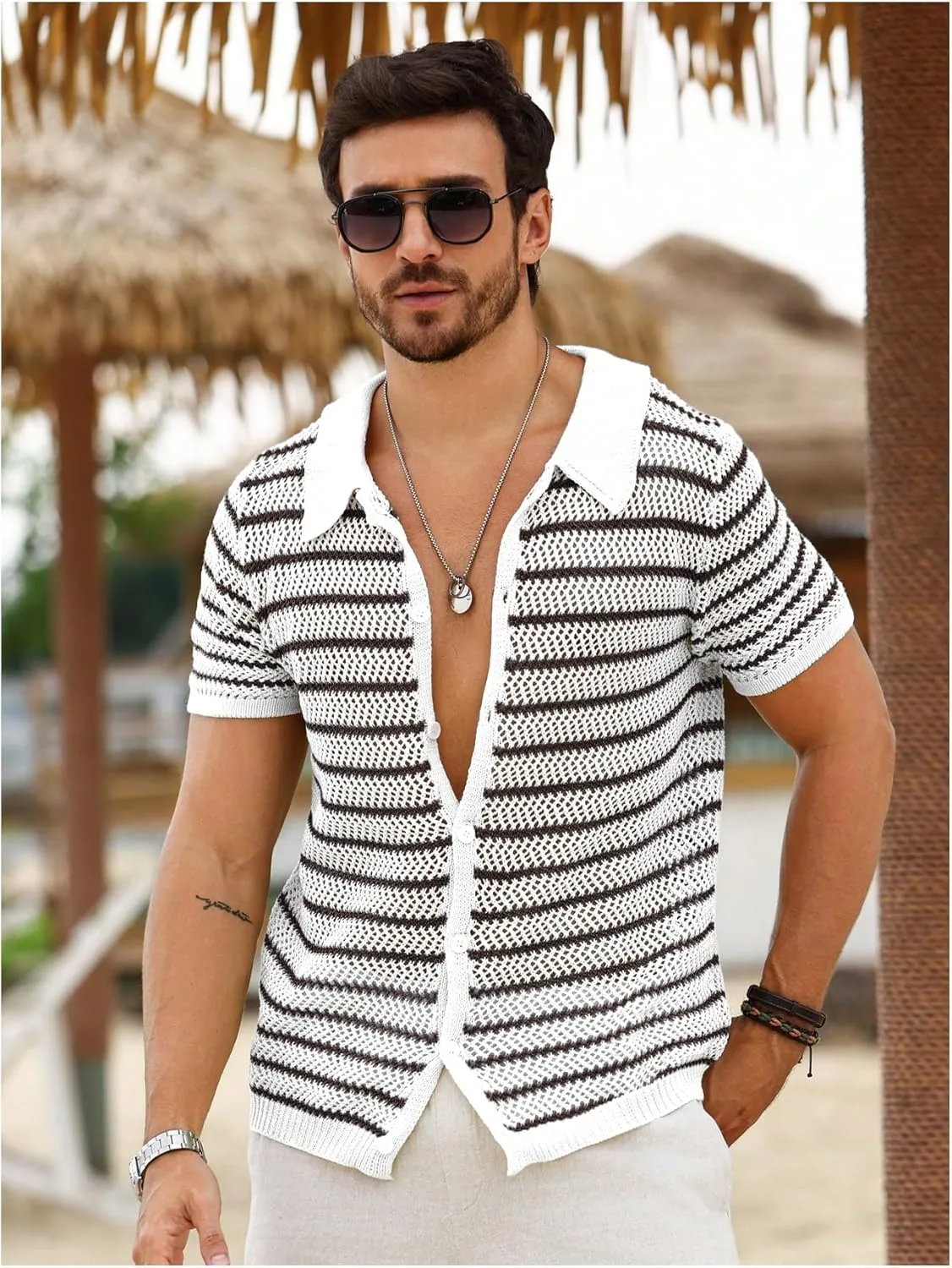 Verdusa Men's Hollow Out Knit Button Down Short Short Sleeve Striped Crochet Cardigan