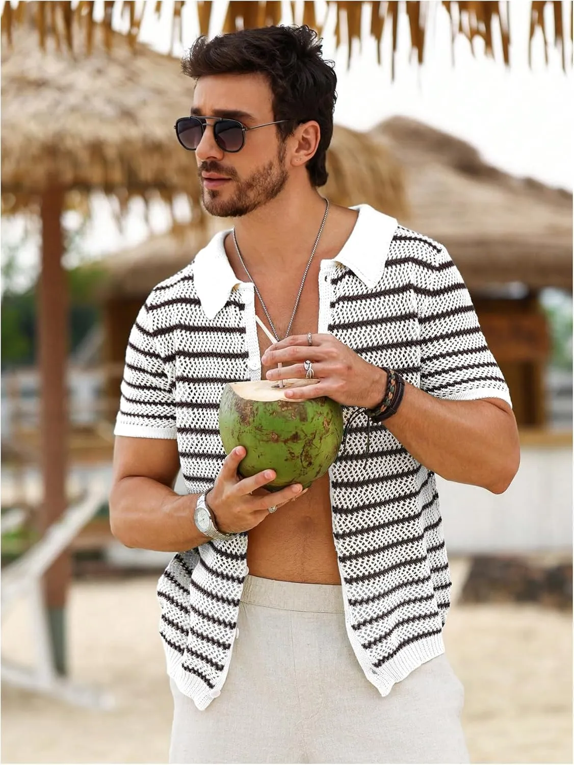 Verdusa Men's Hollow Out Knit Button Down Short Short Sleeve Striped Crochet Cardigan