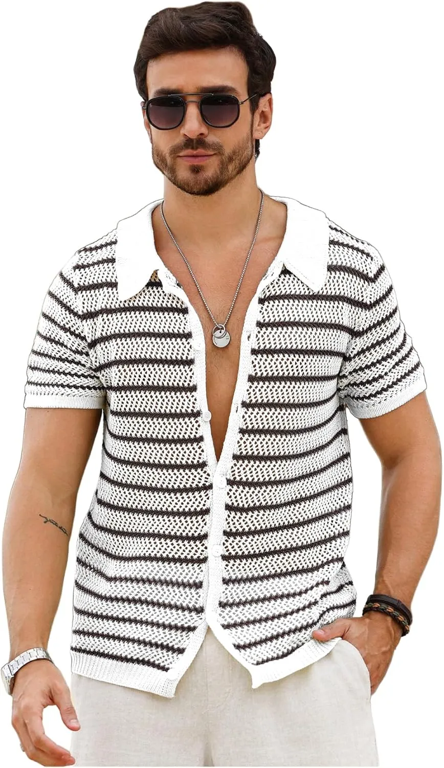 Verdusa Men's Hollow Out Knit Button Down Short Short Sleeve Striped Crochet Cardigan