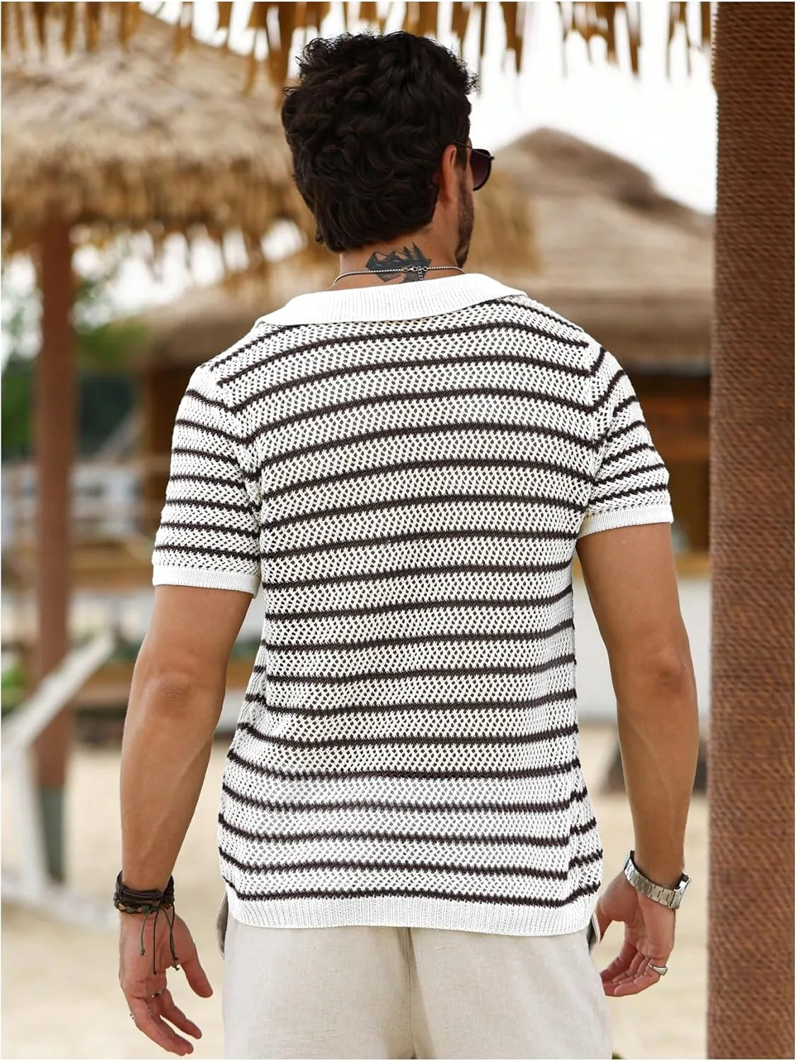 Verdusa Men's Hollow Out Knit Button Down Short Short Sleeve Striped Crochet Cardigan