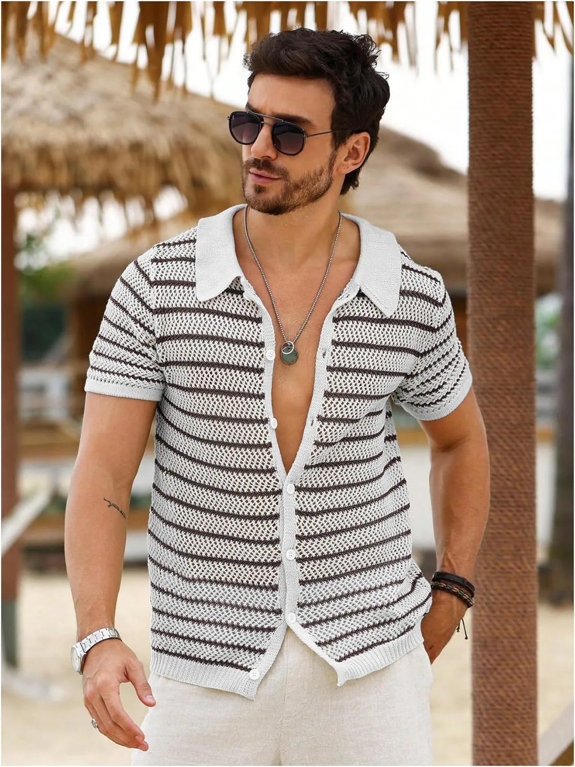 Verdusa Men's Hollow Out Knit Button Down Short Short Sleeve Striped Crochet Cardigan