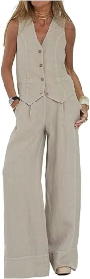 Vest Pant Suits for Women 2 Piece Outfits Linen Pant Sets Casual Button Waistcoat V Neck Crop Vest Blazer
