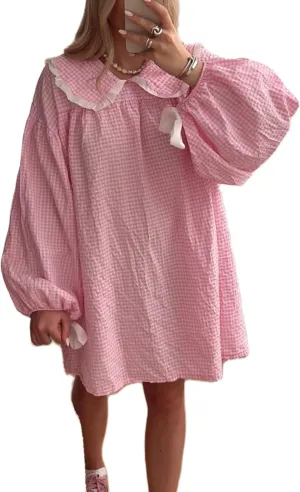 Women Babydoll Flowy Mini Dress Puff Sleeve Plaid Print Short Dress Cute Gingham Ruffle Swing Boho Sundress