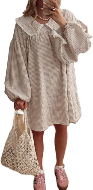 Women Babydoll Flowy Mini Dress Puff Sleeve Plaid Print Short Dress Cute Gingham Ruffle Swing Boho Sundress