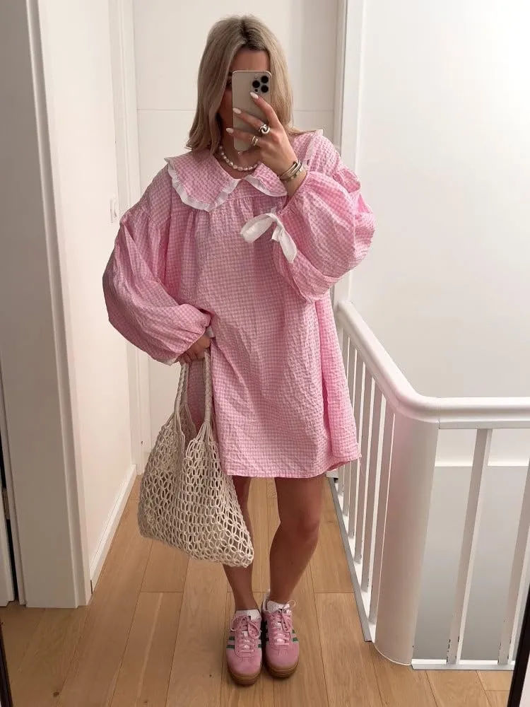 Women Babydoll Flowy Mini Dress Puff Sleeve Plaid Print Short Dress Cute Gingham Ruffle Swing Boho Sundress