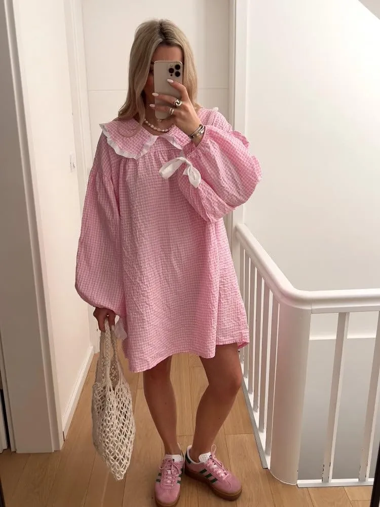 Women Babydoll Flowy Mini Dress Puff Sleeve Plaid Print Short Dress Cute Gingham Ruffle Swing Boho Sundress