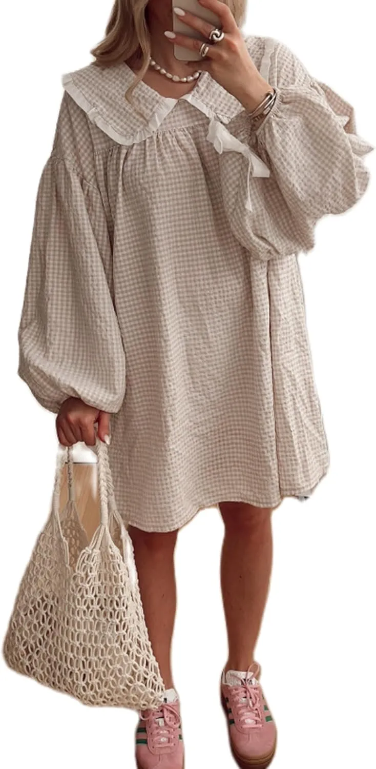 Women Babydoll Flowy Mini Dress Puff Sleeve Plaid Print Short Dress Cute Gingham Ruffle Swing Boho Sundress