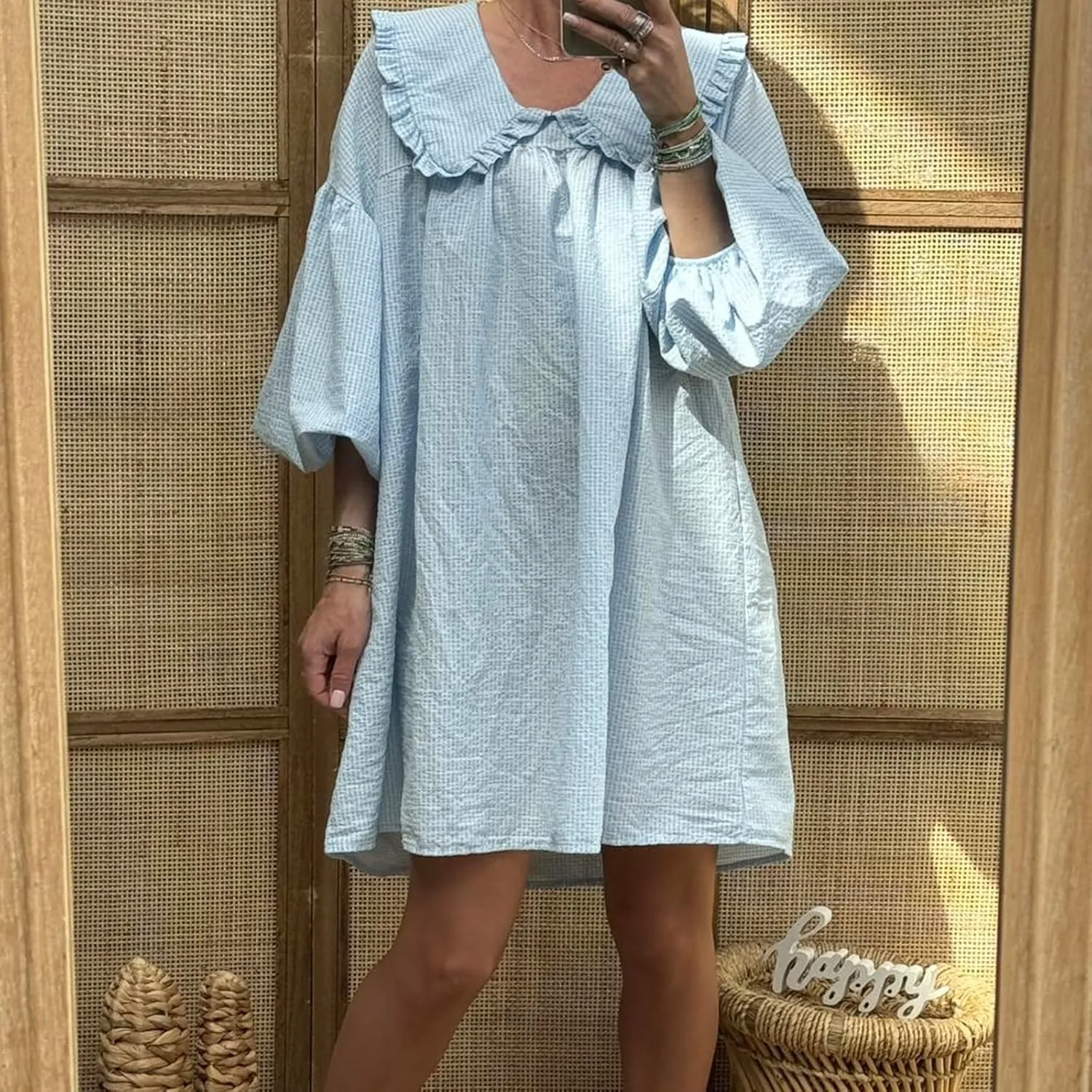 Women Babydoll Flowy Mini Dress Puff Sleeve Plaid Print Short Dress Cute Gingham Ruffle Swing Boho Sundress