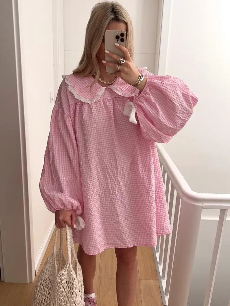Women Babydoll Flowy Mini Dress Puff Sleeve Plaid Print Short Dress Cute Gingham Ruffle Swing Boho Sundress