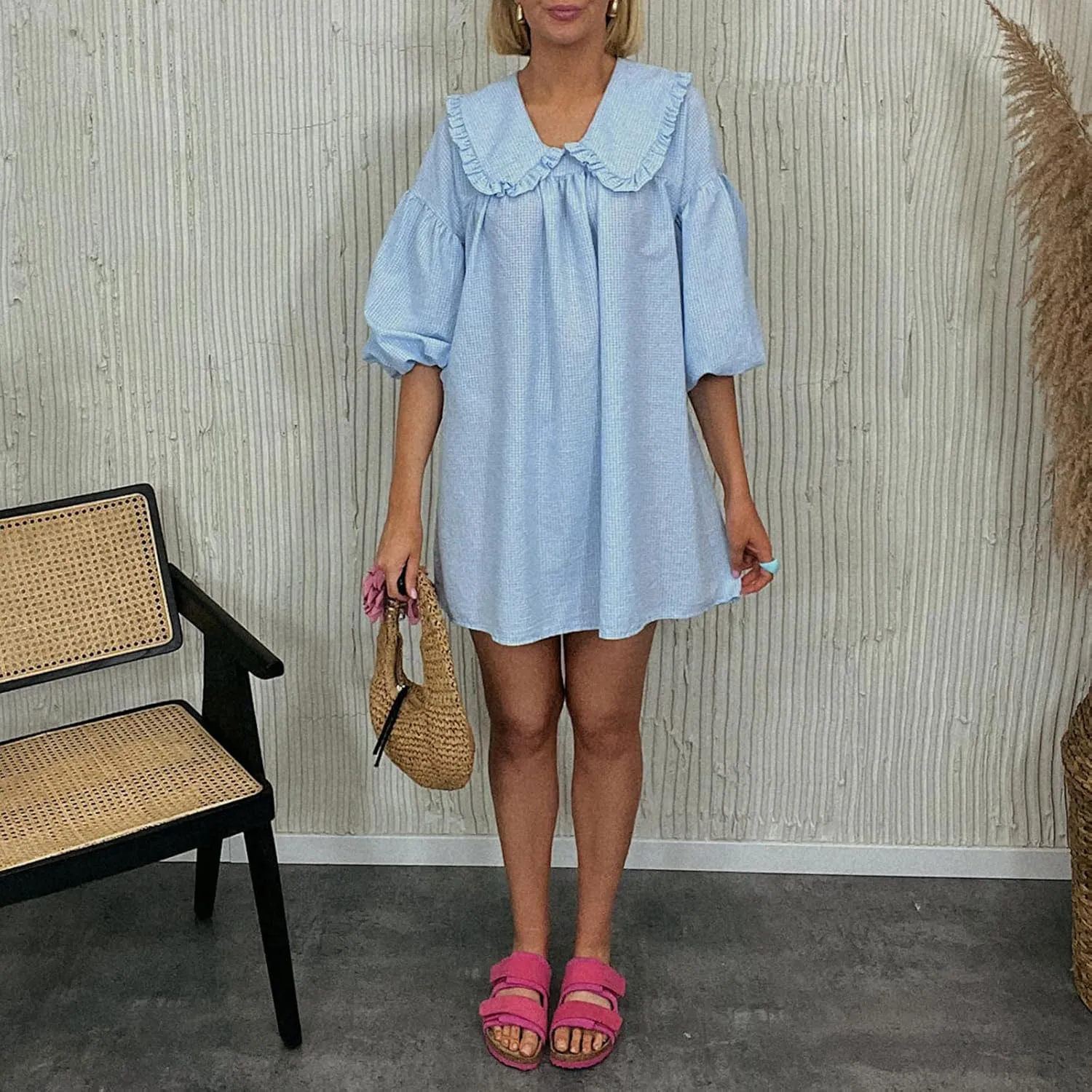 Women Babydoll Flowy Mini Dress Puff Sleeve Plaid Print Short Dress Cute Gingham Ruffle Swing Boho Sundress