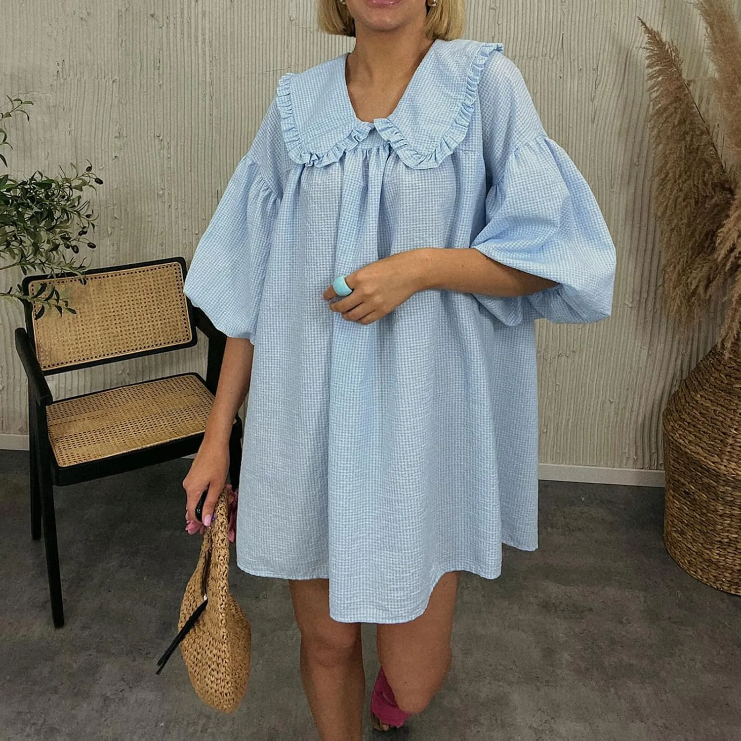 Women Babydoll Flowy Mini Dress Puff Sleeve Plaid Print Short Dress Cute Gingham Ruffle Swing Boho Sundress
