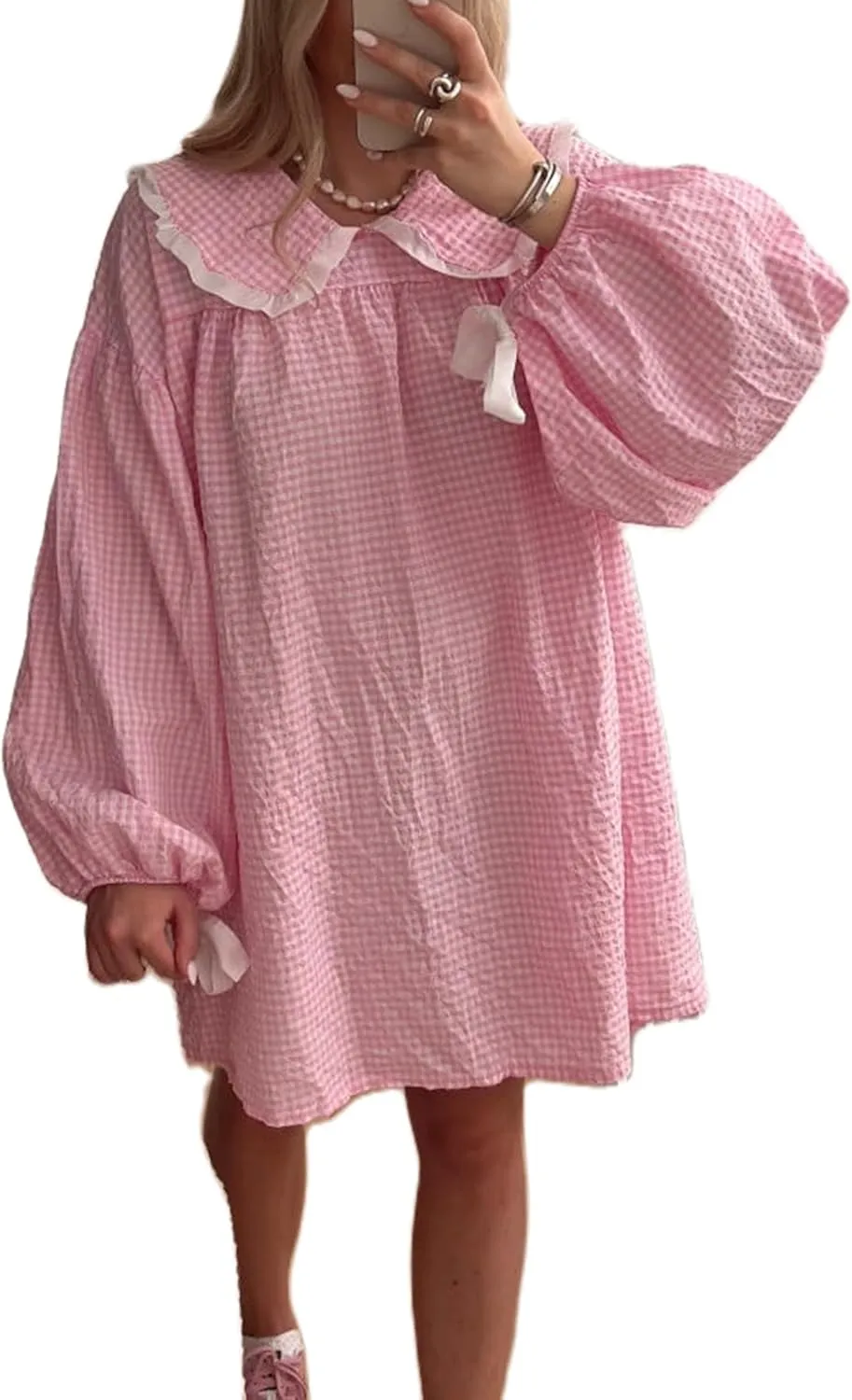 Women Babydoll Flowy Mini Dress Puff Sleeve Plaid Print Short Dress Cute Gingham Ruffle Swing Boho Sundress