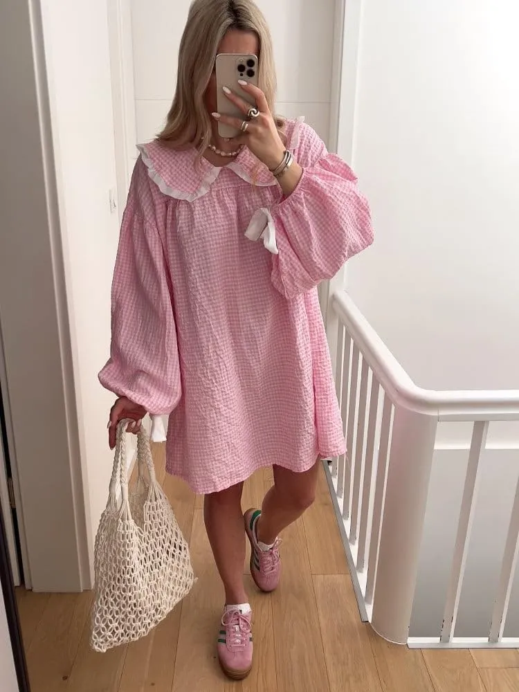 Women Babydoll Flowy Mini Dress Puff Sleeve Plaid Print Short Dress Cute Gingham Ruffle Swing Boho Sundress