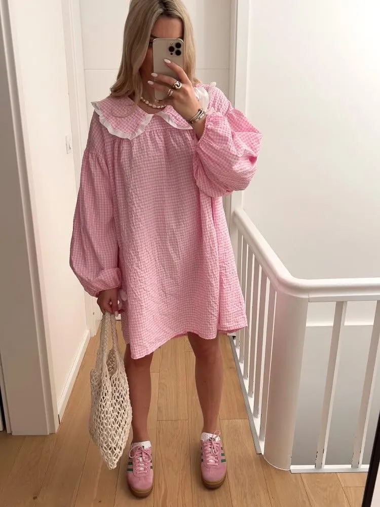 Women Babydoll Flowy Mini Dress Puff Sleeve Plaid Print Short Dress Cute Gingham Ruffle Swing Boho Sundress