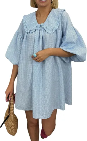 Women Babydoll Flowy Mini Dress Puff Sleeve Plaid Print Short Dress Cute Gingham Ruffle Swing Boho Sundress