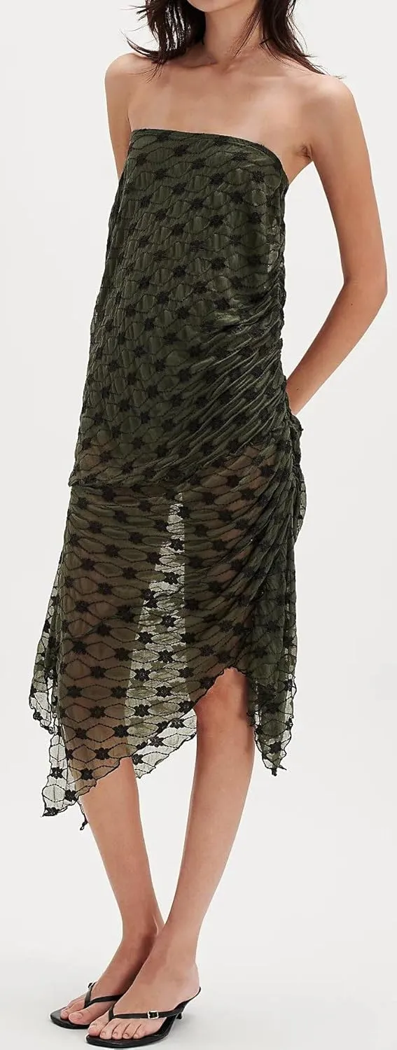 Women Fairy Floral Mesh Maxi Skirt Elastic Mid Waist Asymmetrical Ruffle Hem Long Skirt Bodycon Ruched Boho Skirts