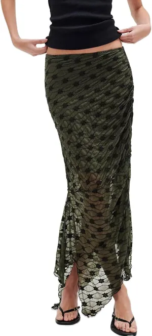 Women Fairy Floral Mesh Maxi Skirt Elastic Mid Waist Asymmetrical Ruffle Hem Long Skirt Bodycon Ruched Boho Skirts