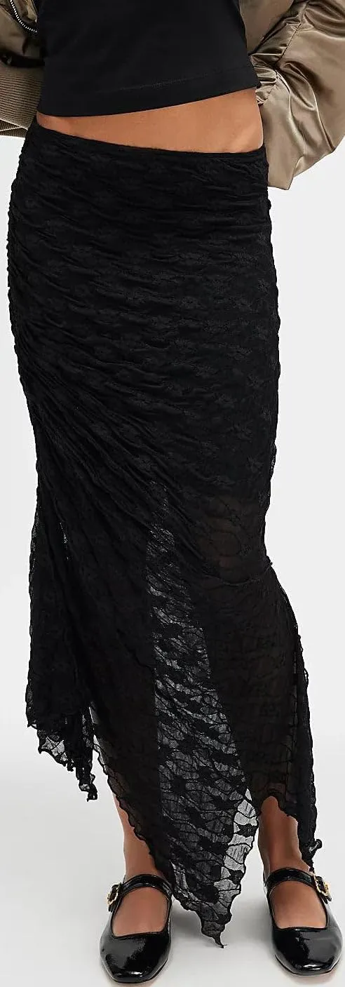 Women Fairy Floral Mesh Maxi Skirt Elastic Mid Waist Asymmetrical Ruffle Hem Long Skirt Bodycon Ruched Boho Skirts