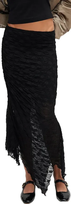 Women Fairy Floral Mesh Maxi Skirt Elastic Mid Waist Asymmetrical Ruffle Hem Long Skirt Bodycon Ruched Boho Skirts