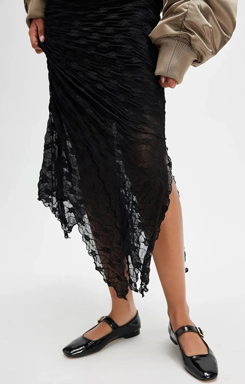 Women Fairy Floral Mesh Maxi Skirt Elastic Mid Waist Asymmetrical Ruffle Hem Long Skirt Bodycon Ruched Boho Skirts