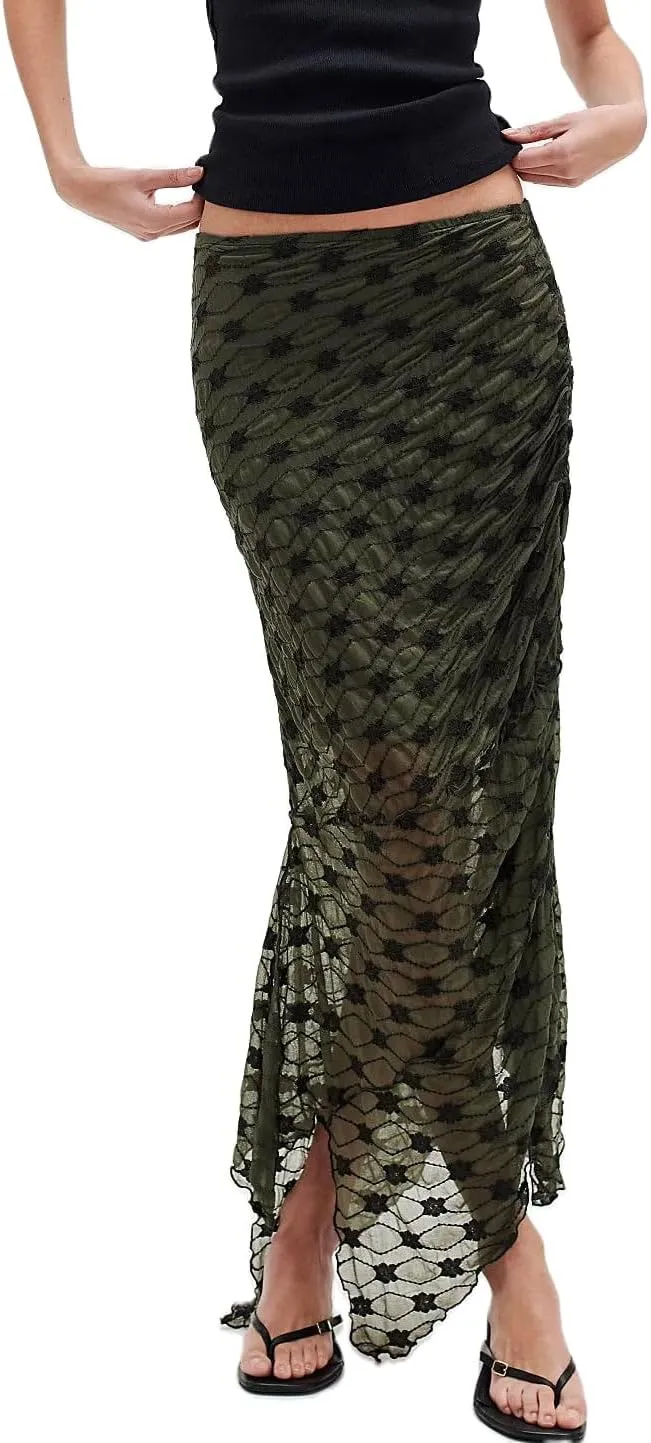 Women Fairy Floral Mesh Maxi Skirt Elastic Mid Waist Asymmetrical Ruffle Hem Long Skirt Bodycon Ruched Boho Skirts