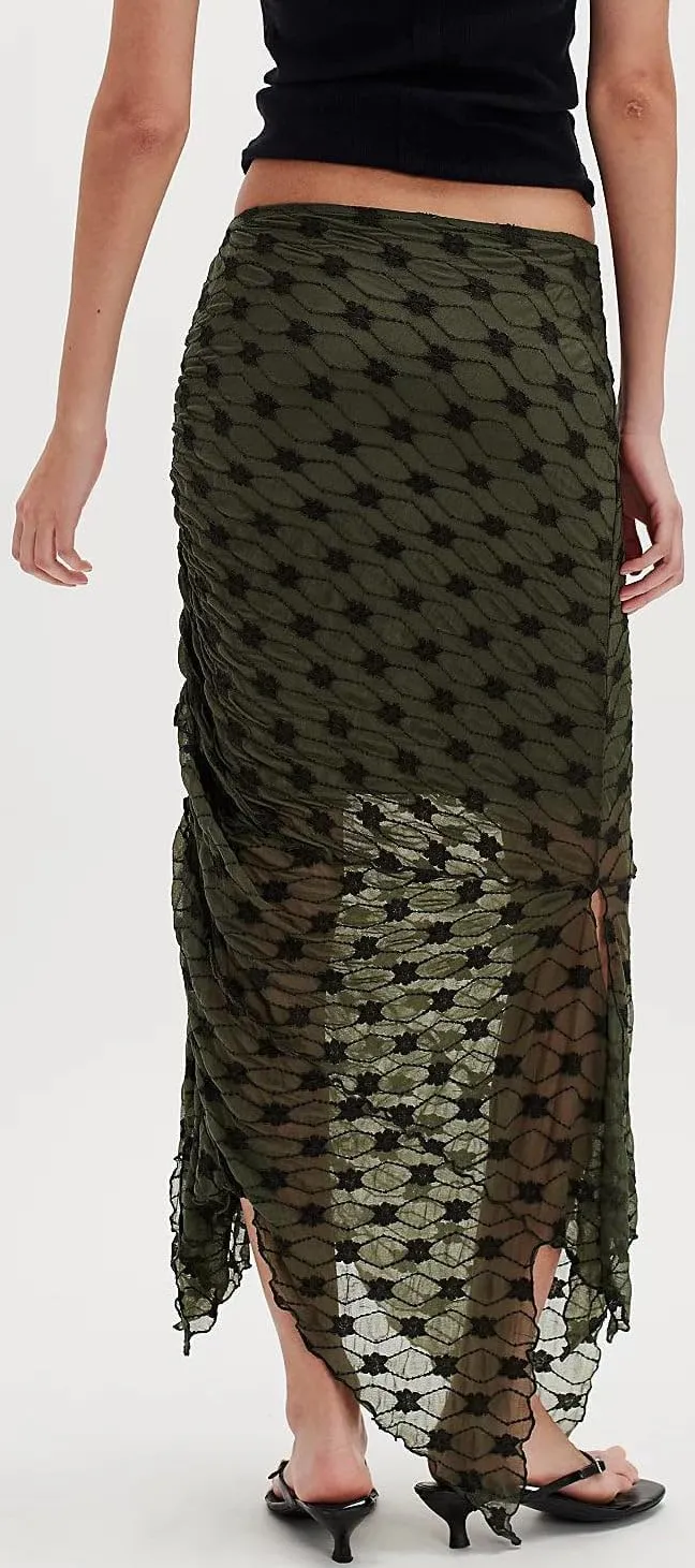 Women Fairy Floral Mesh Maxi Skirt Elastic Mid Waist Asymmetrical Ruffle Hem Long Skirt Bodycon Ruched Boho Skirts