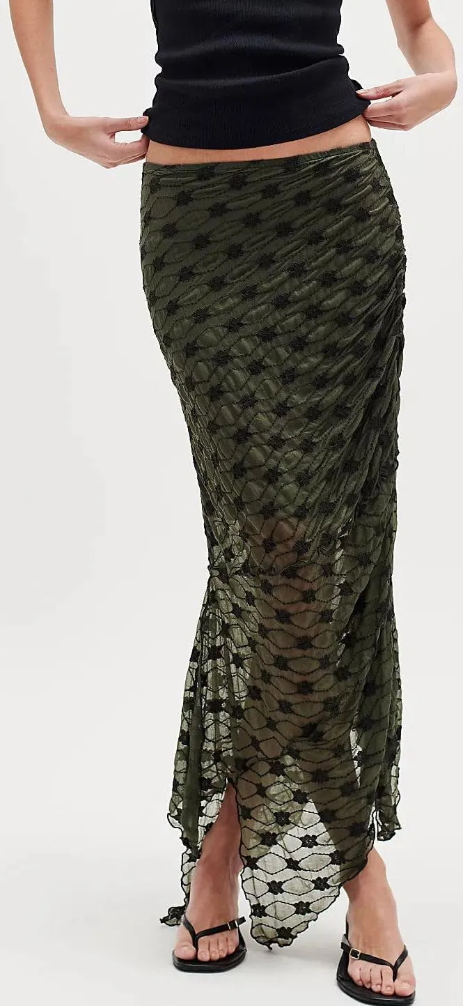 Women Fairy Floral Mesh Maxi Skirt Elastic Mid Waist Asymmetrical Ruffle Hem Long Skirt Bodycon Ruched Boho Skirts