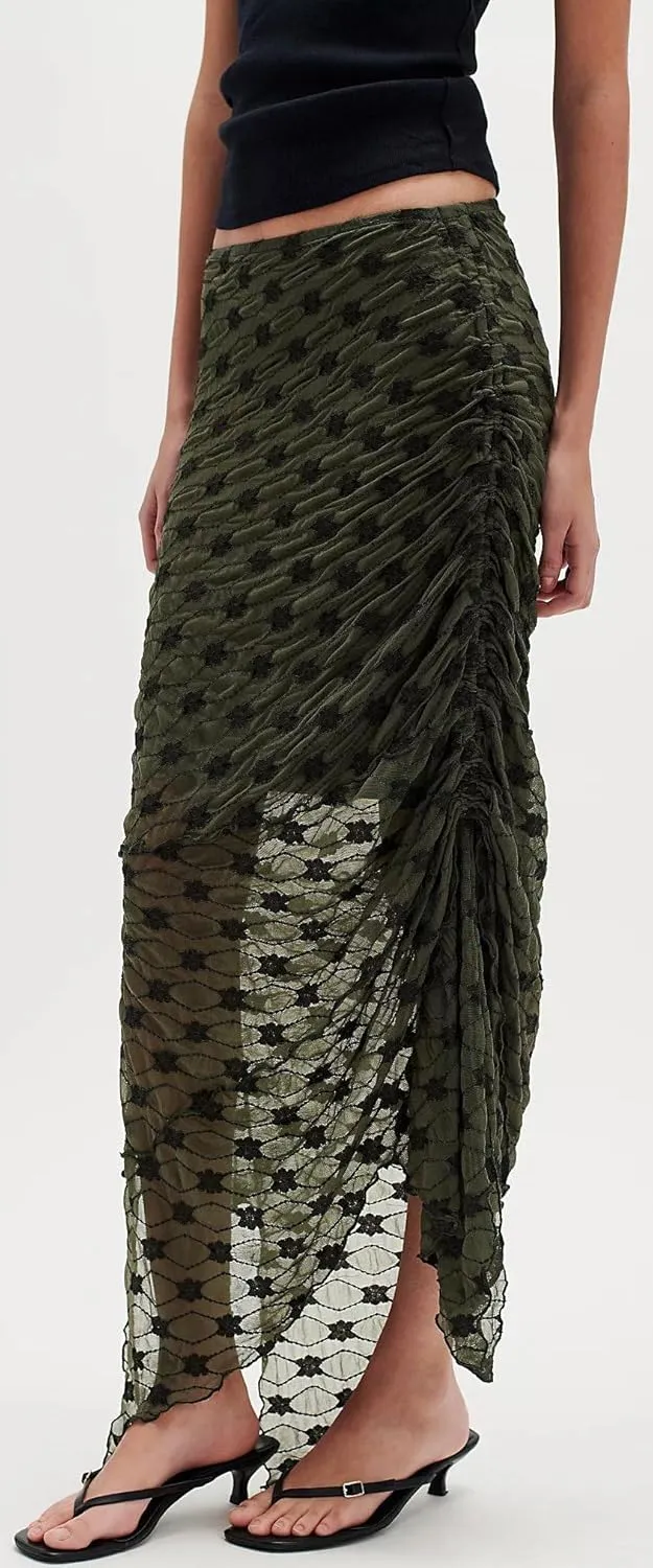 Women Fairy Floral Mesh Maxi Skirt Elastic Mid Waist Asymmetrical Ruffle Hem Long Skirt Bodycon Ruched Boho Skirts