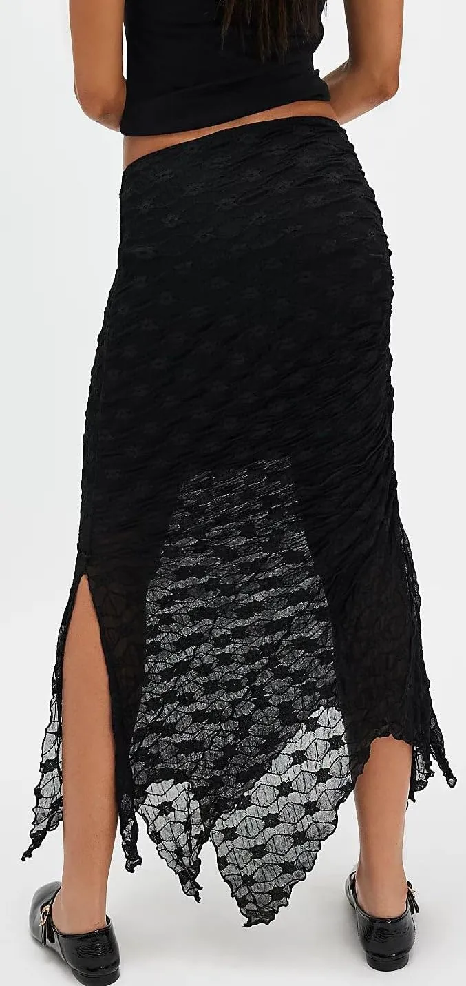 Women Fairy Floral Mesh Maxi Skirt Elastic Mid Waist Asymmetrical Ruffle Hem Long Skirt Bodycon Ruched Boho Skirts