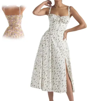Women Floral Corset Midi Dress, Print Bustier Sundress, Flowy Slit Sundress Summer Beach Corset Dress