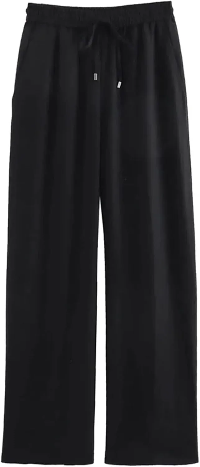 Women Linen Summer Pants - High Waist, Casual Tied, Wide Fluid, Baggy Straight Leg Trousers for Woman
