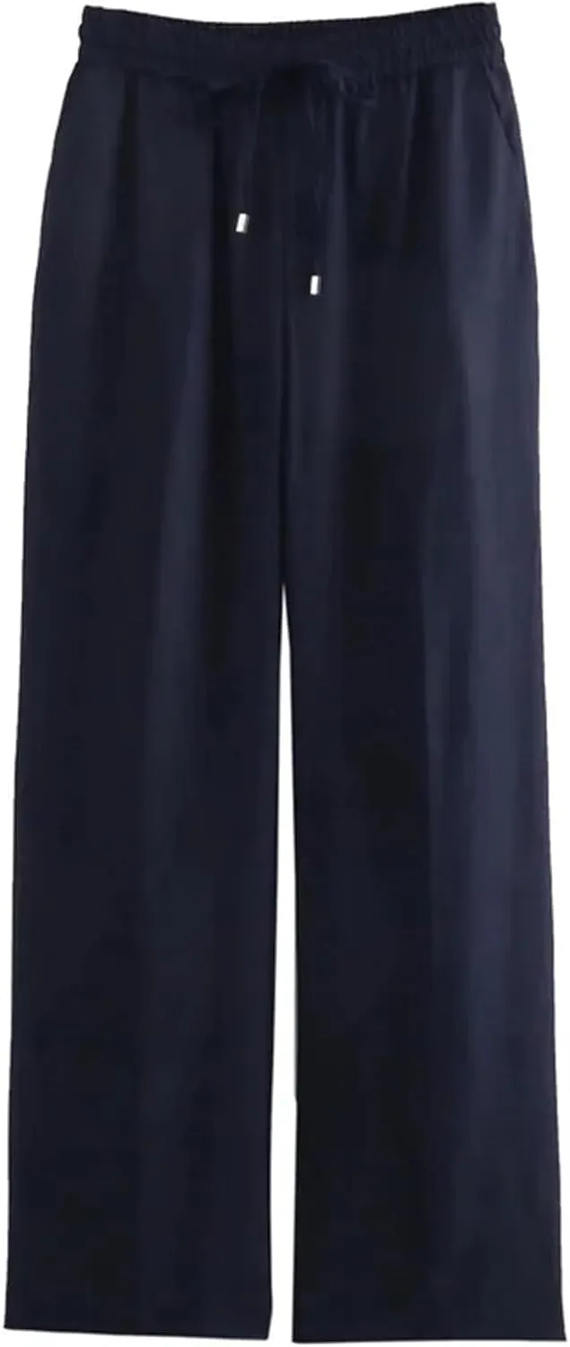 Women Linen Summer Pants - High Waist, Casual Tied, Wide Fluid, Baggy Straight Leg Trousers for Woman