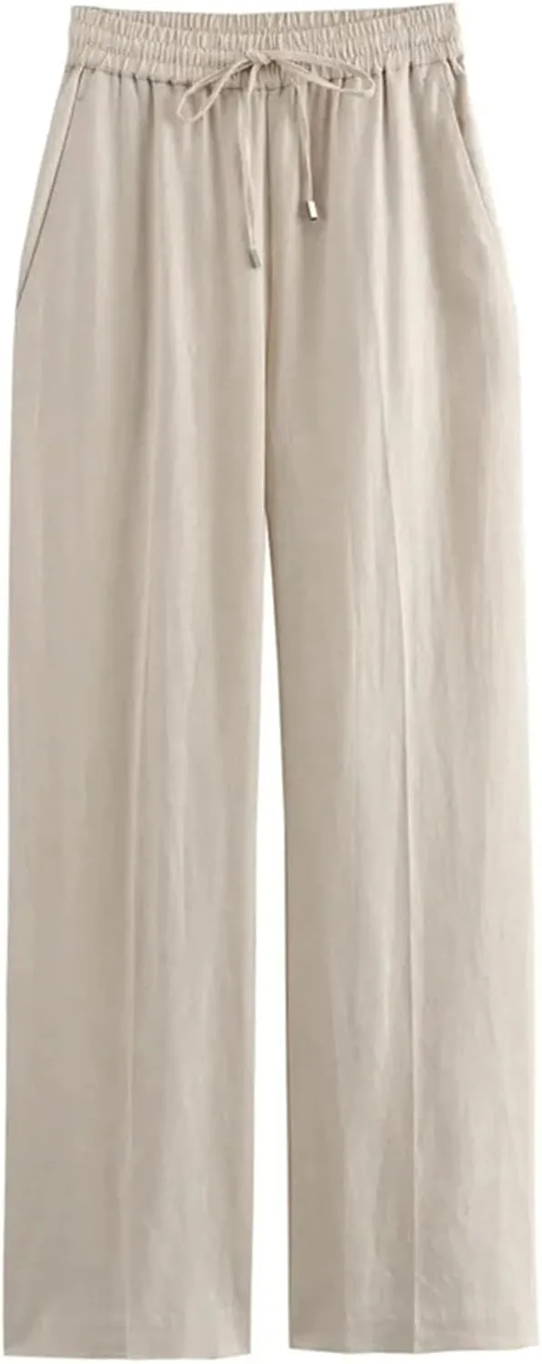 Women Linen Summer Pants - High Waist, Casual Tied, Wide Fluid, Baggy Straight Leg Trousers for Woman