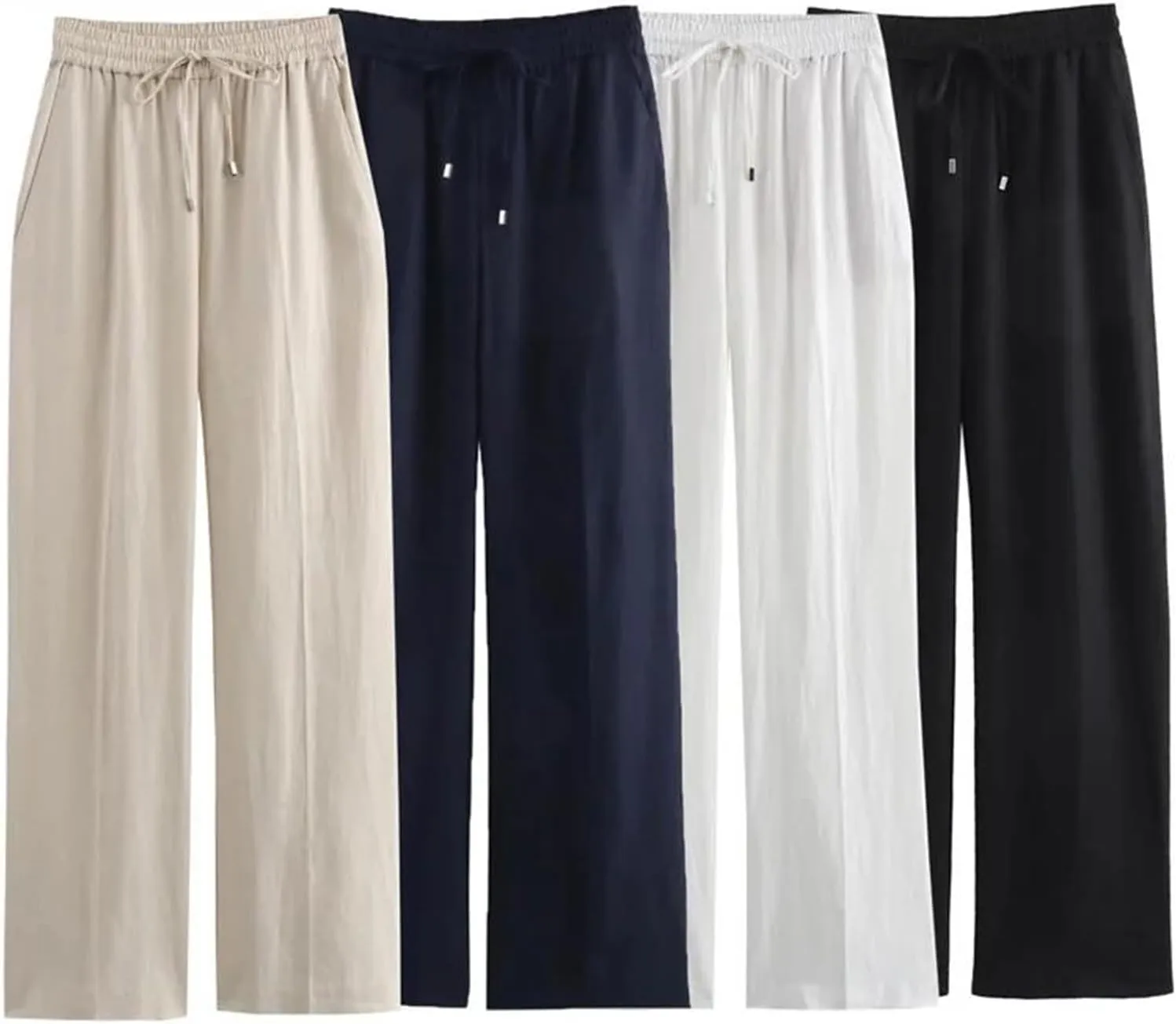 Women Linen Summer Pants - High Waist, Casual Tied, Wide Fluid, Baggy Straight Leg Trousers for Woman