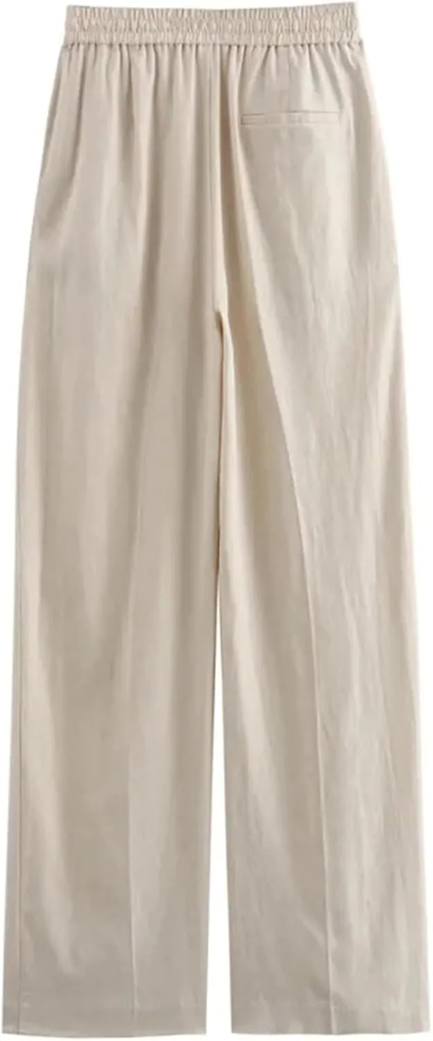 Women Linen Summer Pants - High Waist, Casual Tied, Wide Fluid, Baggy Straight Leg Trousers for Woman