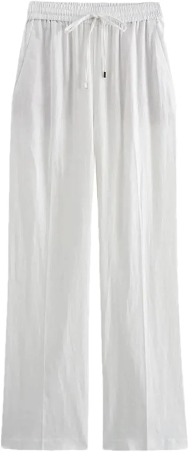 Women Linen Summer Pants - High Waist, Casual Tied, Wide Fluid, Baggy Straight Leg Trousers for Woman
