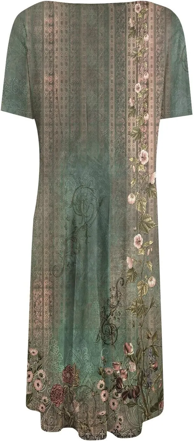 Women Midi Dresses Summer Casual Midi Dress 2025 Short Sleeve A-Line T-Shirt Flowy Beach Sundress with Pockets