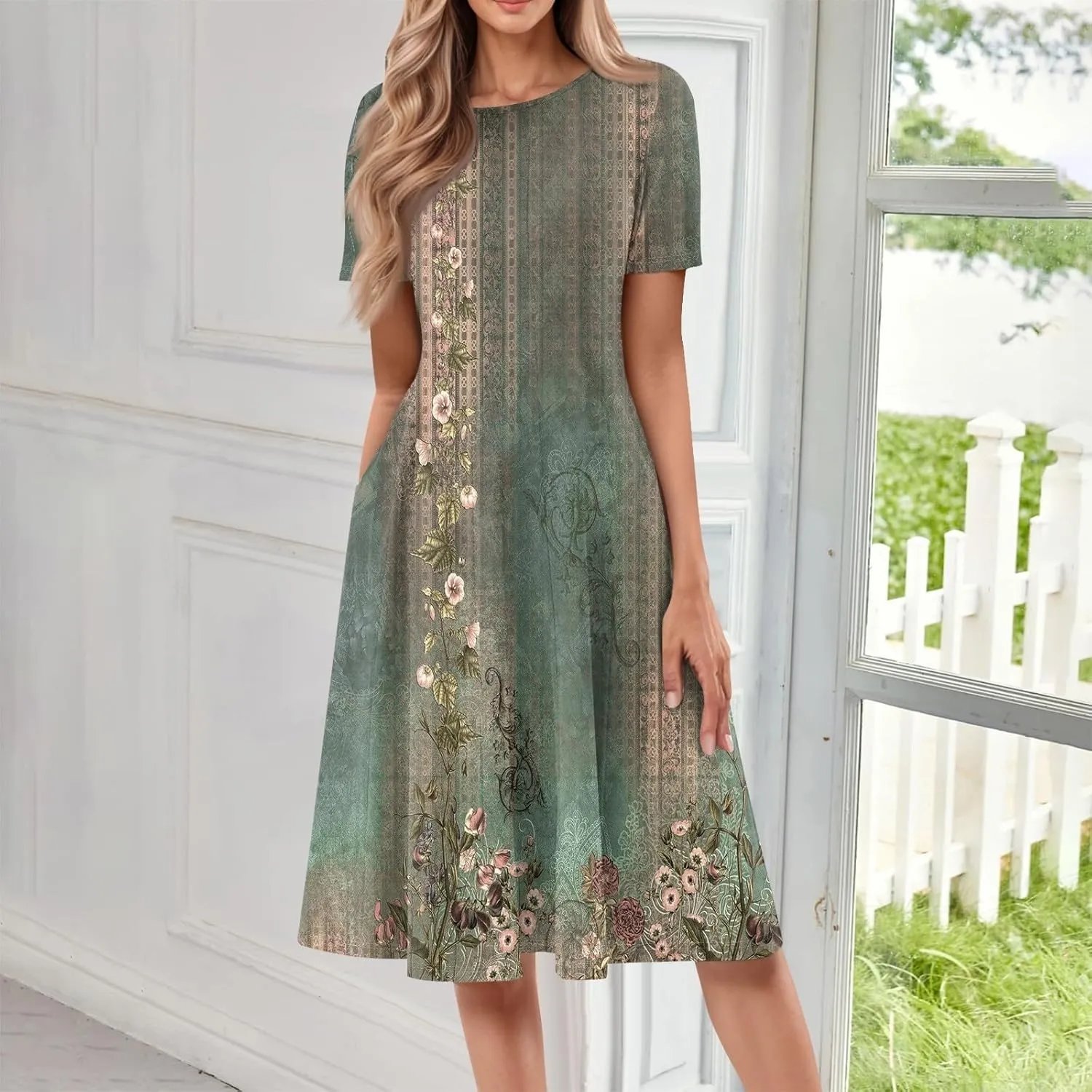 Women Midi Dresses Summer Casual Midi Dress 2025 Short Sleeve A-Line T-Shirt Flowy Beach Sundress with Pockets