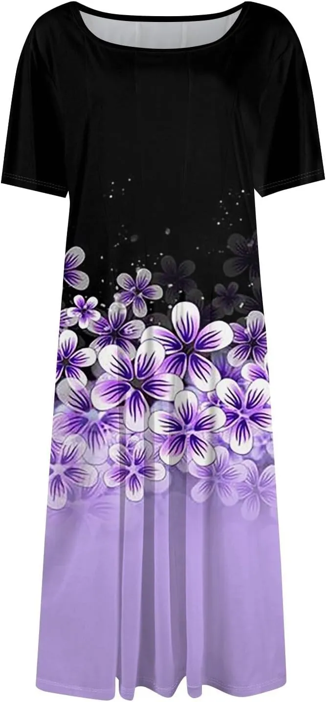Women Midi Dresses Summer Casual Midi Dress 2025 Short Sleeve A-Line T-Shirt Flowy Beach Sundress with Pockets