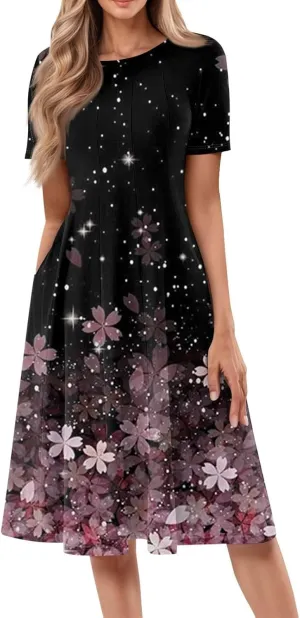 Women Midi Dresses Summer Casual Midi Dress 2025 Short Sleeve A-Line T-Shirt Flowy Beach Sundress with Pockets